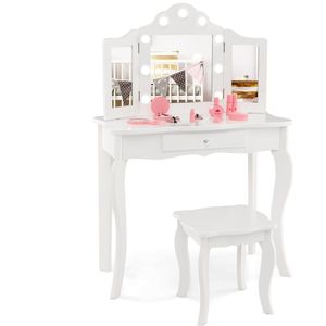 COSTWAY 2-in-1 kindermake-uptafel, kaptafel met ledverlichting, inklapbare spiegel en laden, make-uptafel prinses voor kinderen en meisjes (wit)