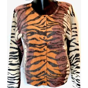 Merkloos - Gebreide vest met tijgerprint - Doorlopende knoopsluiting - Wijd model - Beige/Zwart - Maat: M/38
