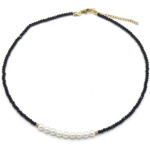 Ketting - Parels en Glaskralen - Lengte 39-44 cm - Zwart