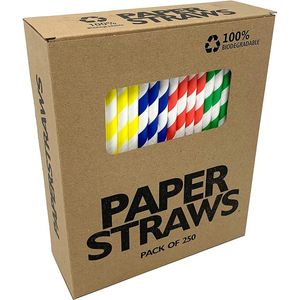 1000 stuks 4 kleuren papieren rietjes gestreept 6mm x 200mm (FSC) swirlmix / mixed striped coloured paper straws - 100% afbreekbaar