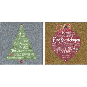 16 Luxe Kerst- en Nieuwjaarskaarten - Goud en Zilver - 13x13cm - Glitters - 2 motieven - Gevouwen kaarten met