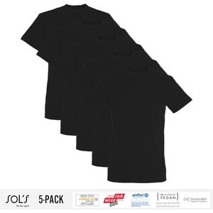 5 Pack Sol's Heren T-Shirt 100% biologisch katoen Ronde hals Zwart Maat S