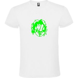 Wit T-Shirt met “ Halloween Chucky “ afbeelding Neon Groen Size L