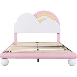 Merax Gestoffeerd Bed 140x200 cm met Verstelbaar Hoofdbord - Inclusief Lattenbodem - Roze PU Leren Jeugd- en Logeerbed - Eenvoudige Montage