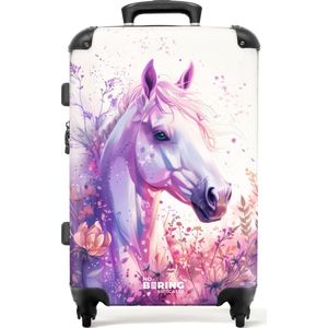NoBoringSuitcases.com® - Koffer groot - Rolkoffer lichtgewicht - Zijaanzicht van een paard in paars en roze - Reiskoffer met 4 wielen - Grote trolley XL - 20 kg bagage
