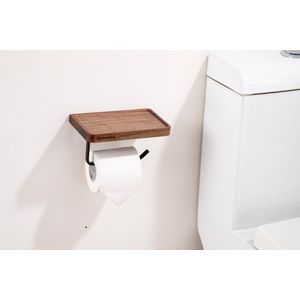 Lopoleis WC rolhouder – WC-rolhouder – Luxe Toiletrolhouder Walnoothout – Zwart –  Zelfklevend – WC Rolhouder Zonder Boren – Toiletrolhouder Met Plankje – WC rolhouder Zwart – Badkamer Accessoires