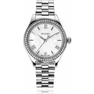 ZINZI Tresor horloge 32mm bezet met witte zirkonia's, parelmoer wijzerplaat en zilverkleurige stalen kast en schakelband ZIW2417