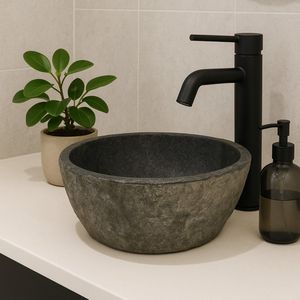Lendo Online Wastafel ovaal (30-35)x(25-30) cm riviersteen - natuursteen - wasbak voor badkamer - spoelbak - waskom - unieke vorm en kleur!