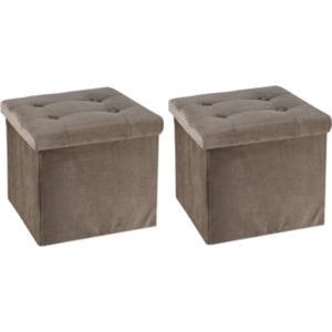 H&S Collection Poef/hocker/krukje - 2x - opbergbox - lichtbruin - fluweel polyester - 38 x 38 cm