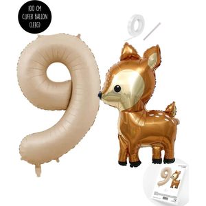 Snoes - Bambi Basis ballon set XXL Cijferballon Zand Beige 9 - Lief Hert + Cijfer Ballon 9 Jaar - Helium Geschikt