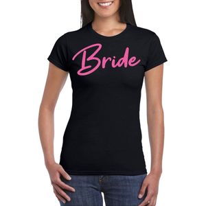 Bellatio Decorations Vrijgezellenfeest T-shirt dames - Bride - zwart - glitter roze - bruiloft M