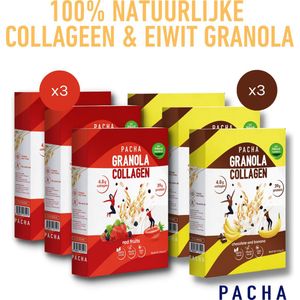 PACHA - Collageen & Protein Granola - 100% Natuurlijke en Zuivere Ingrediënten - Chocolade & Banaan 300 g x 3 + Gedroogde Bevroren Rode Vruchten 300 g x 3