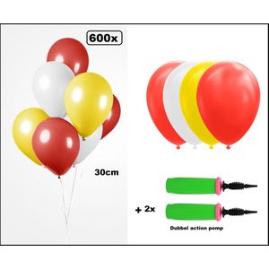 600x Luxe Ballon rood/wit/geel 30cm + 2x dubbel actie pomp - biologisch afbreekbaar - Carnaval Festival feest party verjaardag landen helium lucht thema