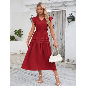 Dames Elegante Rimpel Maxi-jurk met V-hals - Rimpel Korte Mouwen Strandjurk A-lijn - Vloeiende Maxi-jurk Bordeauxrood M