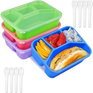 Broodtrommel, 4-delige plastic bentobox met 4 vakken, lunchbox set, voedselbox, BPA-vrij, meal prep container voor kinderen, volwassenen, vaatwasmachinebestendig en magnetronbestendig