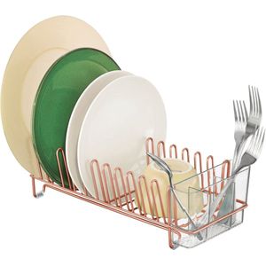mDesign - Afdruiprek - voor gootsteen in de keuken - voor borden en bestek - metaal en plastic/met bestekbakje - pc koper/doorzichtig