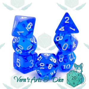 Polyset Dice | Dobbelstenen - Set Van 7 Stuks - Blauw Wit Doorzichtig Transparant| Voor D&D en Andere Rollenspellen | Plastic Dobbelstenen Set voor Dungeons and Dragons | Polyhedral Dice Set | Met Mooie Zwarte Velvet Dice Bag voor Ongeveer 3 Sets