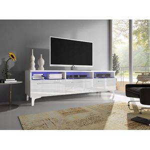 RTV 2W - TV-meubel + LED, woonkamermeubel, wit/ wit glans, op poten met planken, breedte 150 cm - Maxi Maja