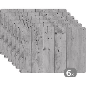 Placemat - Placemats kunststof - Plank - Grijs - Brocante - Wit - 45x30 cm - 6 stuks - Hittebestendig - Anti-Slip - Onderlegger - Afneembaar