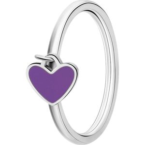 Lucardi Kinder Stalen ring met hart emaille violet - Ring - Staal - Zilverkleurig - 16 / 50 mm