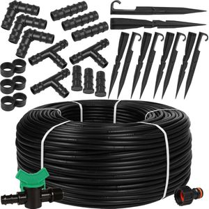 Drip-Systeem Druppelslang Druppelbuis Zwarte Druppelleiding voor besproeien van bloemperken en plantrijen, waterbesparing 16mm / 1.6 LPH Druppelafstand 33 cm / 50m + accessoire