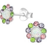 Oorbellen | Oorstekers | Zilveren oorstekers, bloem met Fire and Snow opaal en kristallen