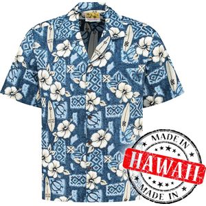 Hawaii Blouse - Shirt - Hemd - 100% Katoen - Overhemd Heren Korte Mouw - Made in Hawaii ""Hibiscus Surfboards Blauw"" Maat XXXL