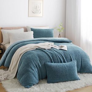 Sherpa Fleece Beddengoedset 135 x 200 cm Blauw Winter Warm Kasjmier Touch Dekbedovertrek Super Zacht Pluizig Flanel Winter Beddengoed met Ritssluiting Kussensloop 80 x 80 cm