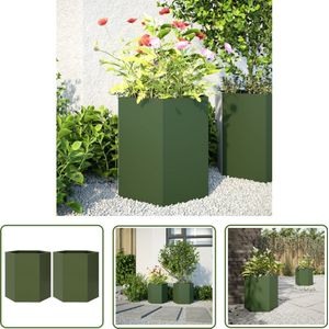 The Living Store Plantenbakken 2 st zeshoek 46x40x45 cm staal olijfgroen - Plantenbak - Groene Plantenbak - Metalen Plantenbak - Hexagonale Plantenbak - Buitenschilderij