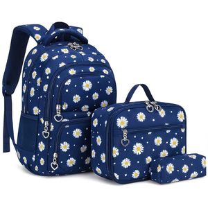 Ultiluxe® Rugzak met bloemen 3 stuks - Blauw/wit - 30 x 17 x 44 cm - Rugtas, lunchtas, etui - 15.6 inch laptoptas - Schoolrugzak voor kinderen - Meiden school tassen set - 22 L - Schooltas voor meisjes - Madeliefjes schoolrugtas