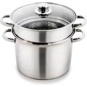 Cherchie - Couscous-/Stoomkookpan, 3-in-1, 22 cm diameter, 8 liter, roestvrij staal, glazen deksel, geschikt voor alle warmtebronnen, inclusief inductie
