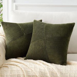 Kussenhoes 60x60 Olijfgroen Kordsamstreep 2-delige set Windmolen Strepen Patroon Kussenhoezen Sierkussen Bankkussen Patchwork Ontwerp Woonkamer Bed Slaapkamer
