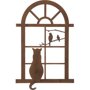 Wandplaat - kat kijkend door het venster - muurornament tuin