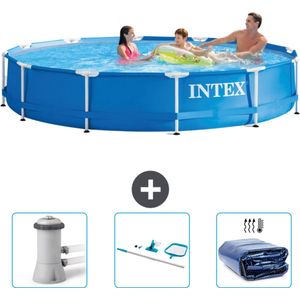 Intex Rond Frame Zwembad - 366 x 76 cm - Blauw - Inclusief Zwembadfilterpomp - Schoonmaakset - Solarzeil