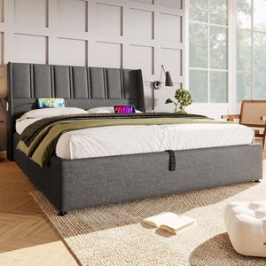 KOMHTOM Opbergbed Tweepersoonsbed voor volwassenen USB/Typ-C Dubbel bed 140x200 cm Linnen Grijs