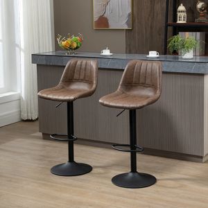 2 Set Bar Stool, Bar Stool Hoogte -Beschuldigbare keukenkruk, stoelstoel, Bistro Gocker met voetring, synthetisch leer, staal, bruin