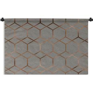 Wandkleed Luxe patroon - Luxe patroon met zeshoeken en ruiten in een bronzen kleur op een grijze achtergrond Wandkleed katoen 180x120 cm - Wandtapijt met foto XXL / Groot formaat!