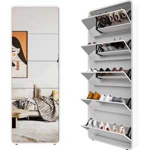 Merax Spiegel Schoenenkast met 5 Kiepvakken – Hoog en Slank Ontwerp – Schoenenorganizer voor Hal of Slaapkamer - Wit