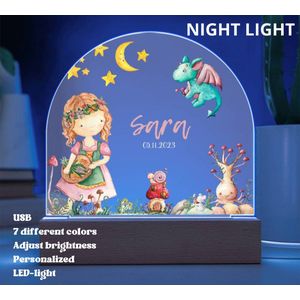 Chloris - GEPERSONALISEERD - Nachtlamp voor meisjes kinderkamer met elf en draak - 7 verschillende kleuren - lichtintensiteit instelbaar - USB opladen
