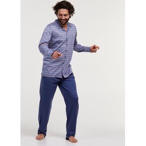 Woody doorknoop pyjama heren - blauw-beige gestreept - 211-1-MBT-S/978 - maat S