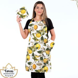 Pedra Keukenschort Set Ovenwant met Pannenlap 60x80 cm Citroenfris Kookschort met zakken Horeca kleding bedieningsschort dames Restaurant Schort voor vrouwen