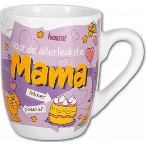 Moederdag - Cartoon Mok - Voor de allerleukste Mama - In cadeauverpakking met gekleurd krullint