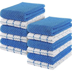 12 Keuken Handdoeken Set - 38 x 64 cm - 100% Ring Gesponnen Katoenen Superzacht en Absorberend Schotelantennes, Theedoeken en Barkrukken Handdoeken (Blauw en Wit)