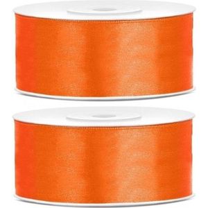 2x Hobby/decoratie oranje satijnen sierlinten 2,5 cm/25 mm x 25 meter - Cadeaulinten satijnlinten/ribbons - Oranje linten - Hobbymateriaal benodigdheden - Verpakkingsmaterialen
