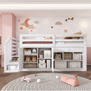 Sweiko Kinderbed, Multifunctioneel Houten bed met trap en Opbergruimte, Trap/kasten aan beide zijden verwisselbaar, laden omkeerbaar, te gebruiken als bureau, Geen matras, 90x200cm, Wit