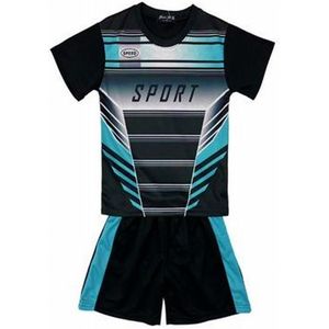Kinder sport set tenue maat 146/152 tweedelig zwart/blauw t-shirt + korte broek unisex mooie kwaliteit
