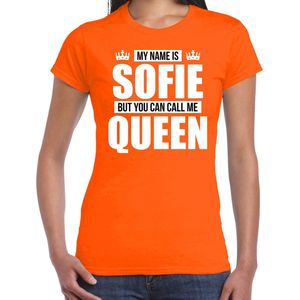 Naam cadeau My name is Sofie - but you can call me Queen t-shirt oranje dames - Cadeau shirt o.a verjaardag/ Koningsdag XS