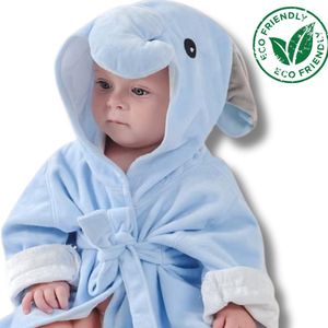 BoefieBoef Olifant Blauw Eco Dieren Badjas voor Baby's & Peuters 0-2 Jaar - Hypoallergene Bamboe Kinderbadjas met Dieren Capuchon – Perfecte Ochtendjas als Duurzaam Kraamcadeau