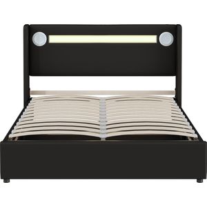 Merax Gestoffeerd Tweepersoonsbed 140x200 cm met LED Verlichting en Bluetooth - Kunstleer Gestoffeerd Bed met USB Aansluiting en Hydraulische Opbergruimte - Zwart