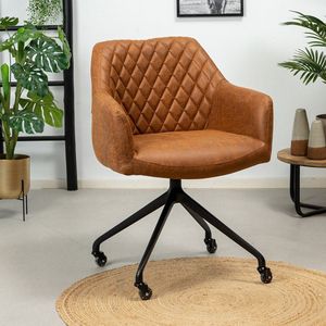 Bronx71® Eetkamerstoel leer Levi cognac - Eetkamerstoelen met armleuning - Eetkamerstoelen met wieltjes - Kuipstoel - Eetkamerstoel cognac - Eetkamerstoel met armleuning